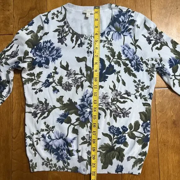 Talbots Floral Cardigan Sweater Size S Blue 3/4 Sleeve Cottage Coquette Fairy - Picture 5 of 8